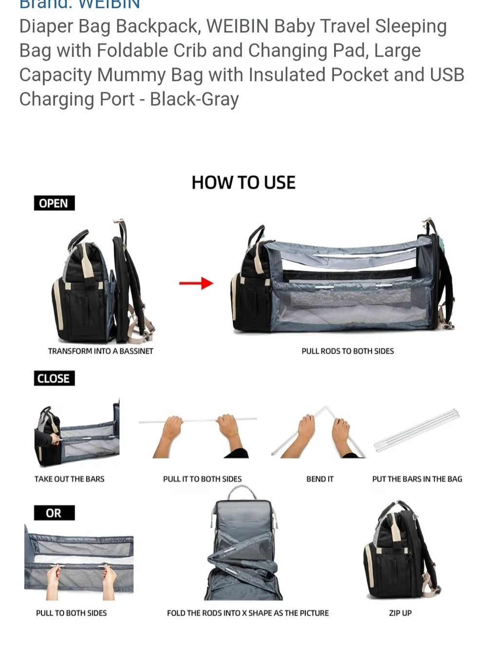 Weibin Travel Diaper Bag/ Backpack With Infant Travel Bed